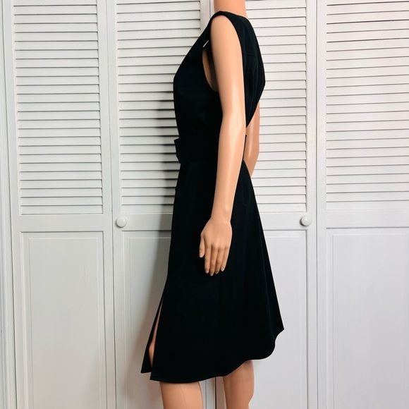 CAROLINA HERRERA Belted Twill Black Midi Dress Size 10