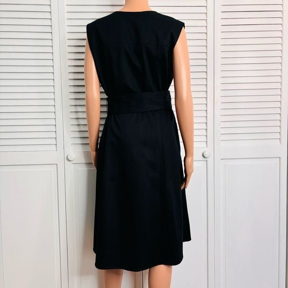 CAROLINA HERRERA Belted Twill Black Midi Dress Size 10