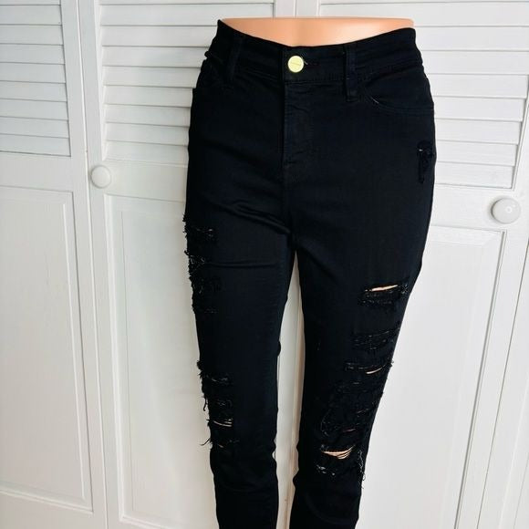 FRAME Le Skinny De Jeanne Film Noir Black Distressed Jeans Size 28