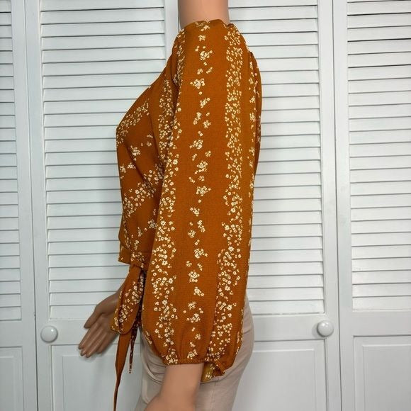 *NEW* BCBG Paris Orange V-Neck Long Sleeves Floral Print Blouse Size S