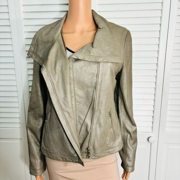 *NEW* ELIE TAHARI Natalie Jacket Cookie Silver Leather Jacket Size Medium