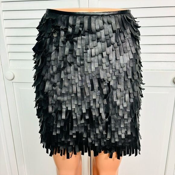 *NEW* MAX STUDIO Black Faux Leather Fringe Mini Skirt Size Small