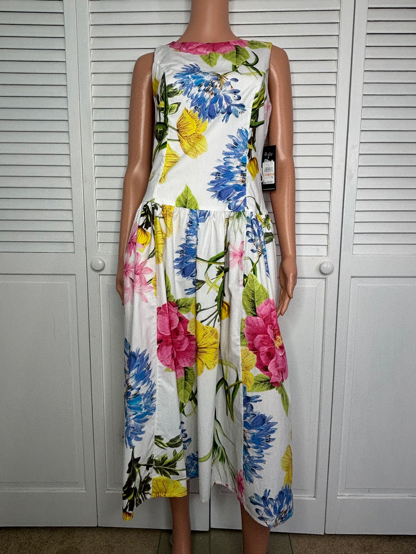 New KARL LAGERFELD Poplin Floral Print Sleeveless Drop Waist Midi Dress Size 2