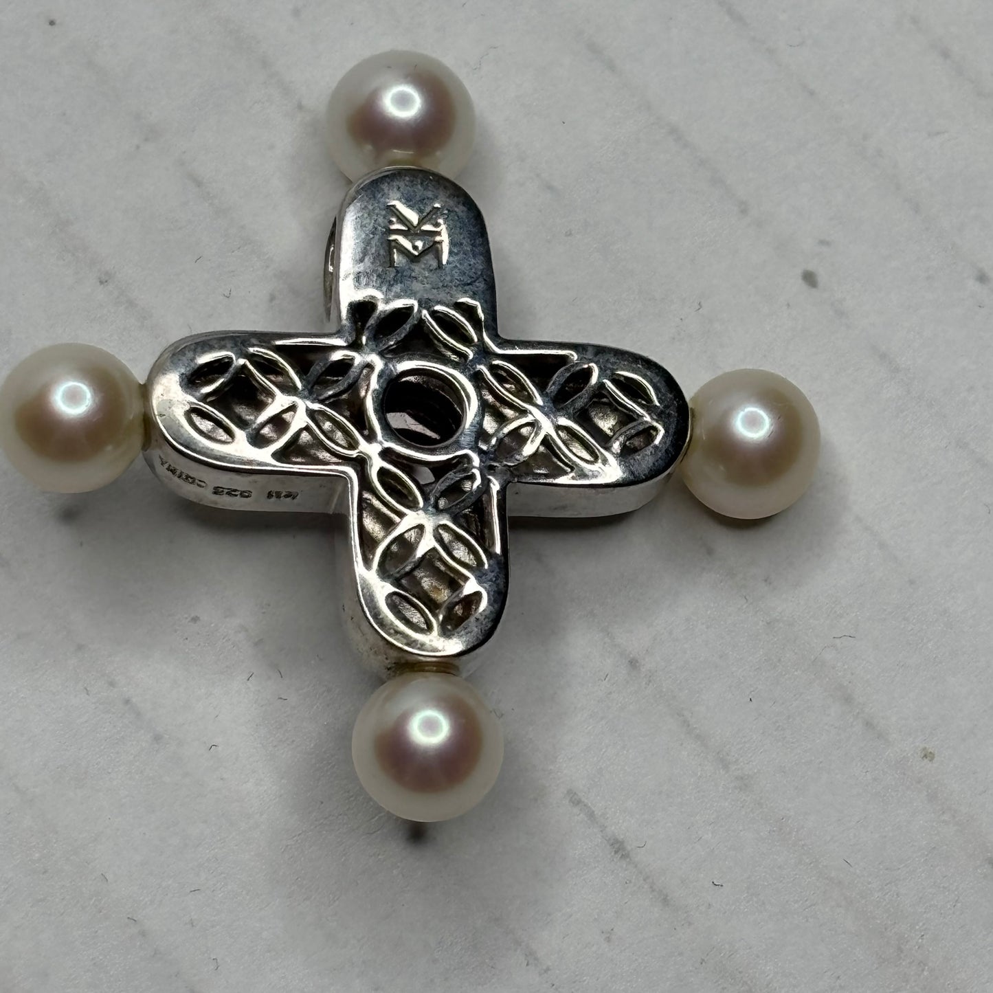 Vintage Sterling Silver Pearl & Garnet Cross Pendant