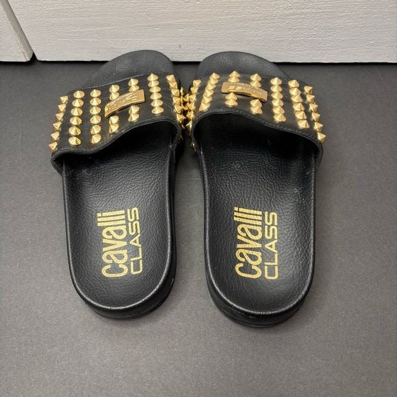 CAVALLI CLASS Black Studded Leather Slides Size 7