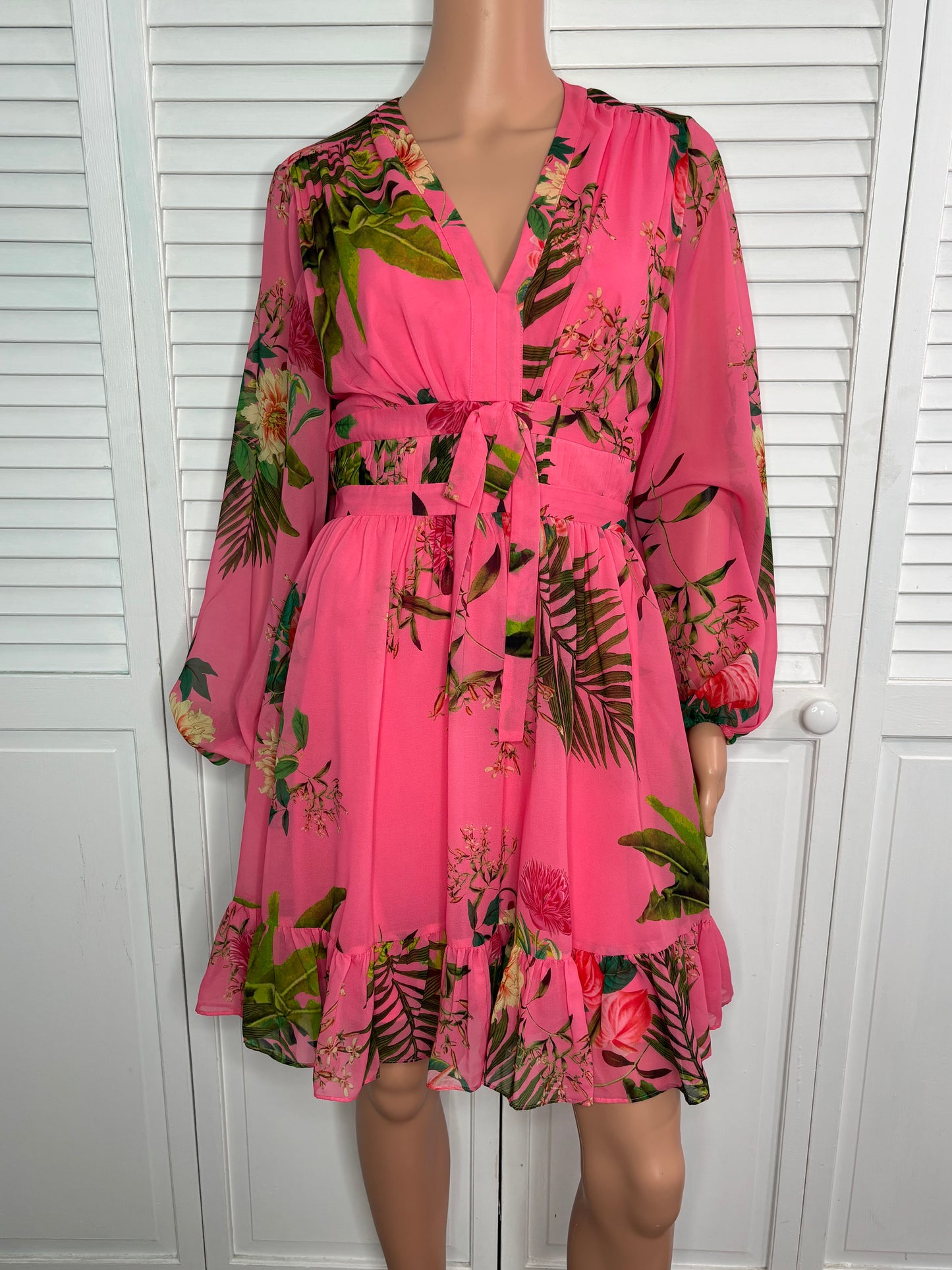 ALEX MARIE Pink Floral Chiffon Long Sleeve Ruffle Mini Dress Size 4