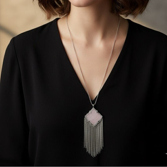 New KENDRA SCOTT Kingston Rose Quartz Fringe Pendant Necklace