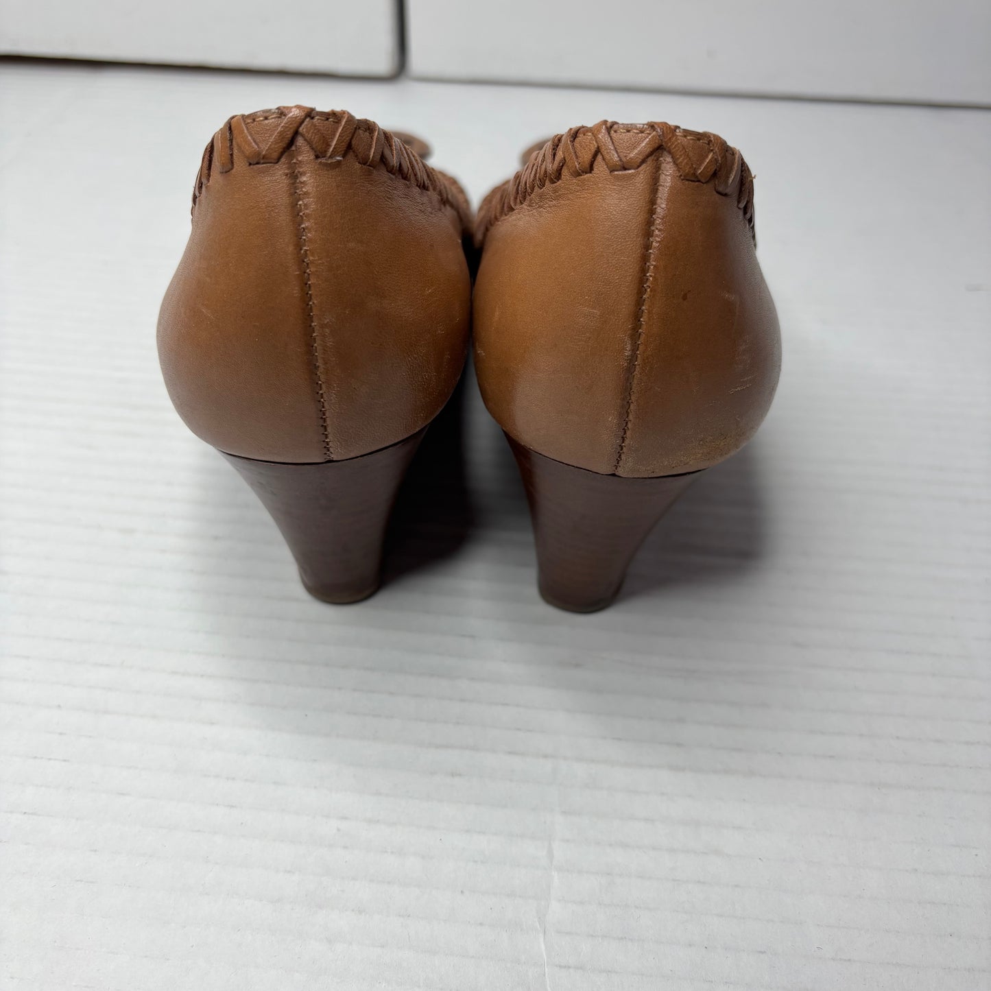 TORY BURCH "Sally" Peep-Toe Wedges in Royal Tan Leather Size 8