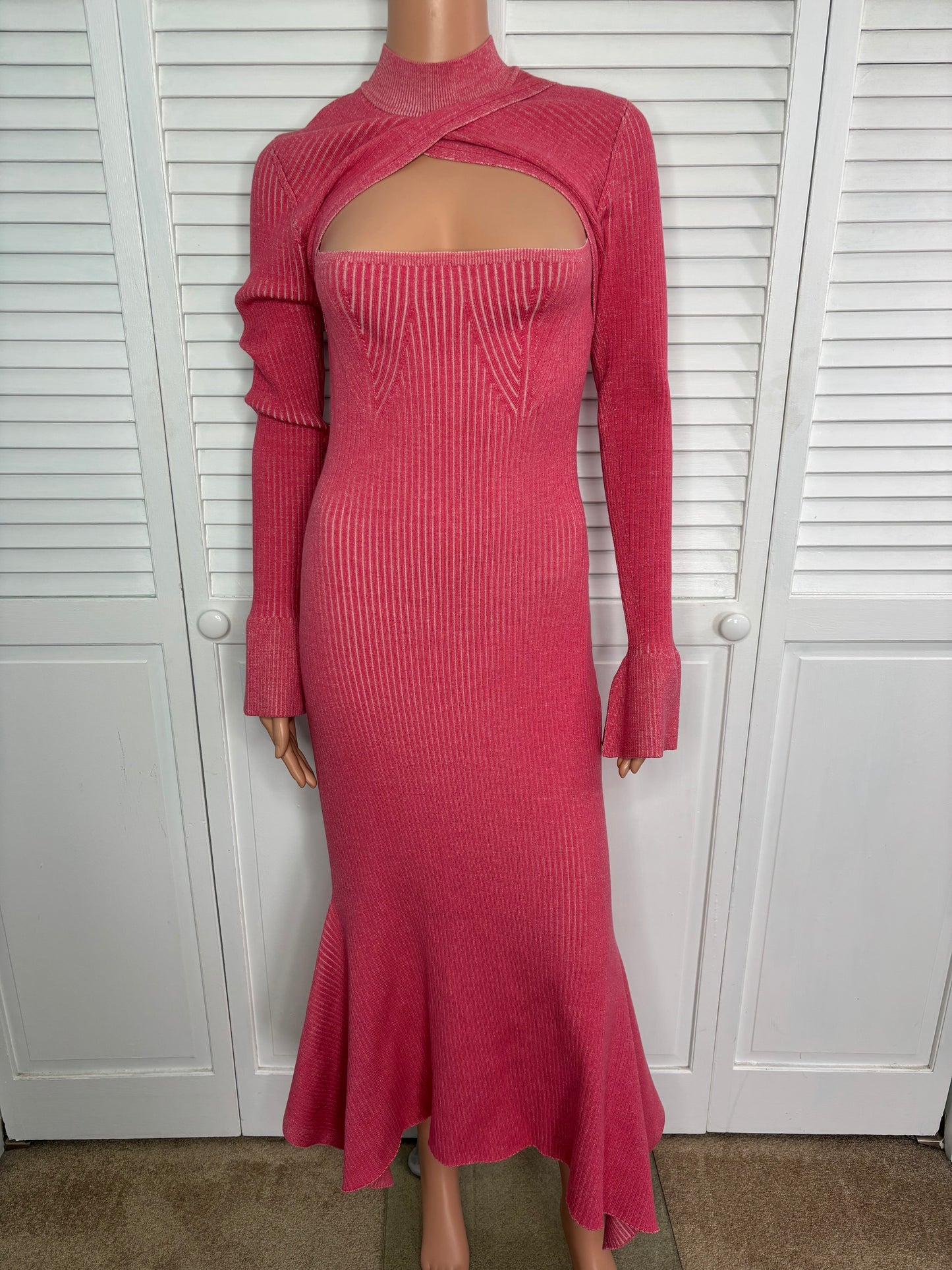 3.1 PHILLIP LIM Pink Ribbed Wool Cut-Out Maxi Dress Size Small