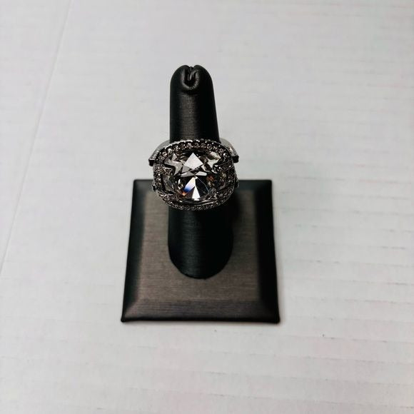 SWAROVSKI Silver Nirvana Gilt Square Crystal Chunky Cocktail Ring Size 6