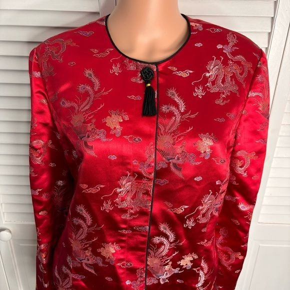 MAGGY LONDON Petites Oriental Pattern Red Blazer Size 14P