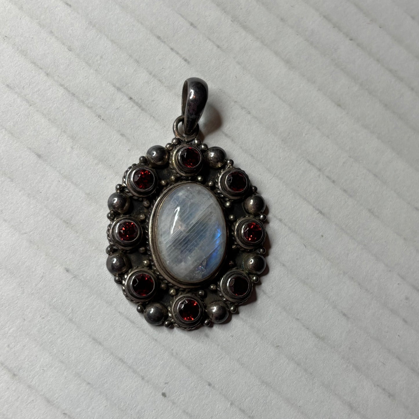 Artisan Sterling Silver Rainbow Moonstone & Garnet Pendant