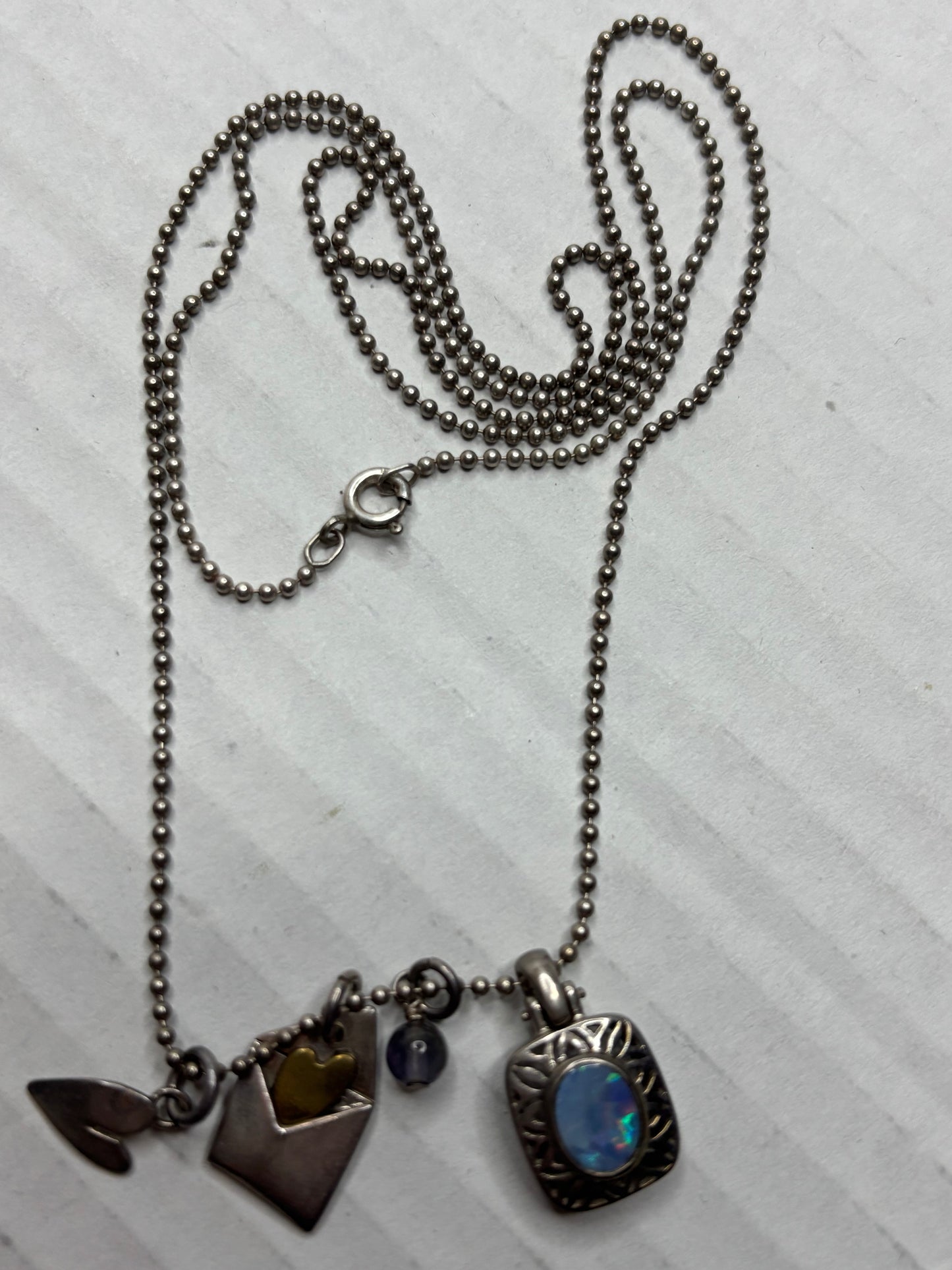 FOSSIL Sterling Silver Opal Love Letter Charm Necklace