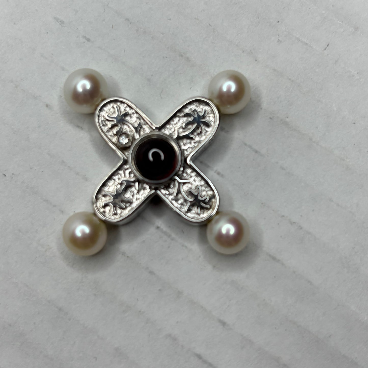Vintage Sterling Silver Pearl & Garnet Cross Pendant