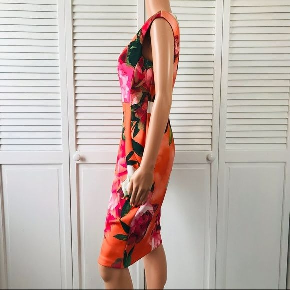 CALVIN KLEIN Orange Floral Sheath Sleeveless Dress Size Petite