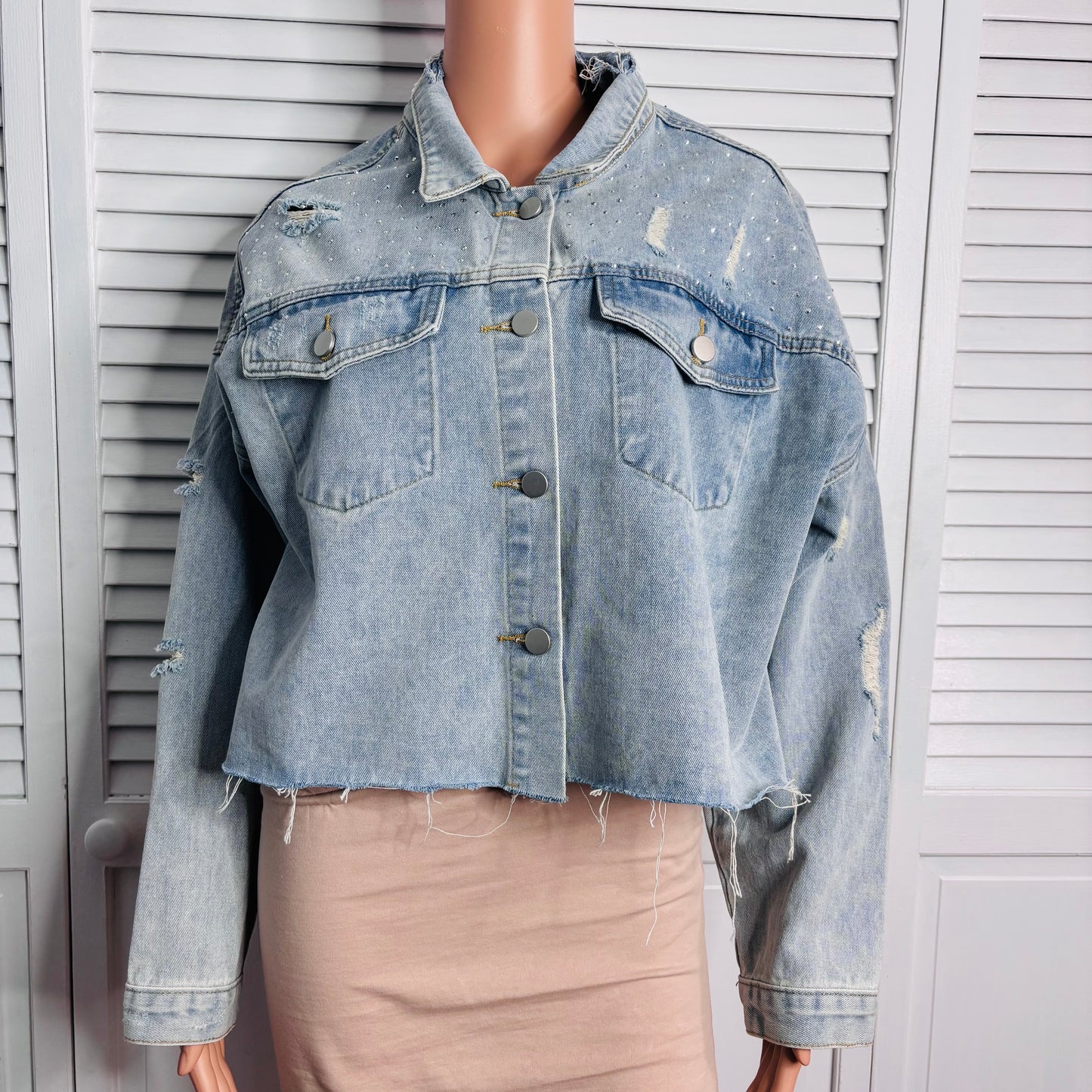 BLUE B Oversized Rhinestone Washed Denim Jacket Size Large