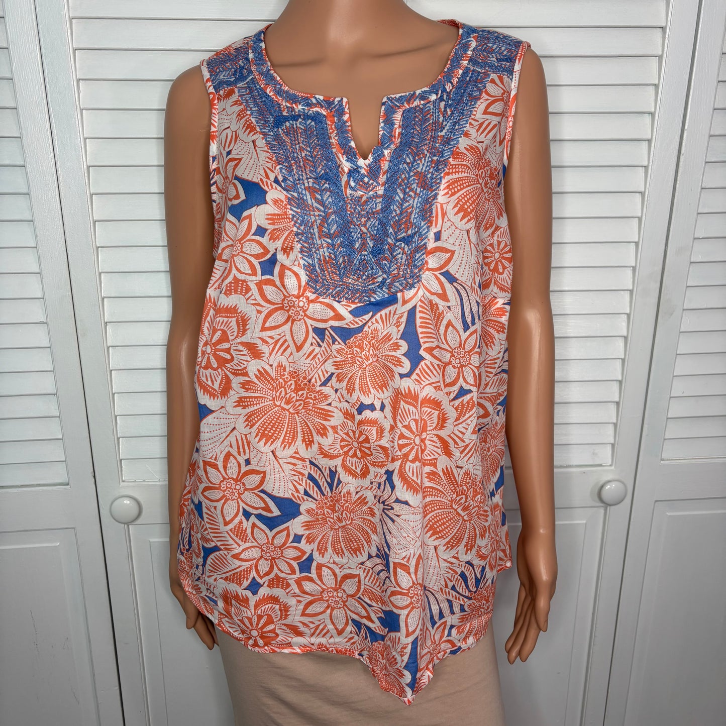 TALBOTS Blue & Orange Floral Embroidered Sleeveless Top Size X