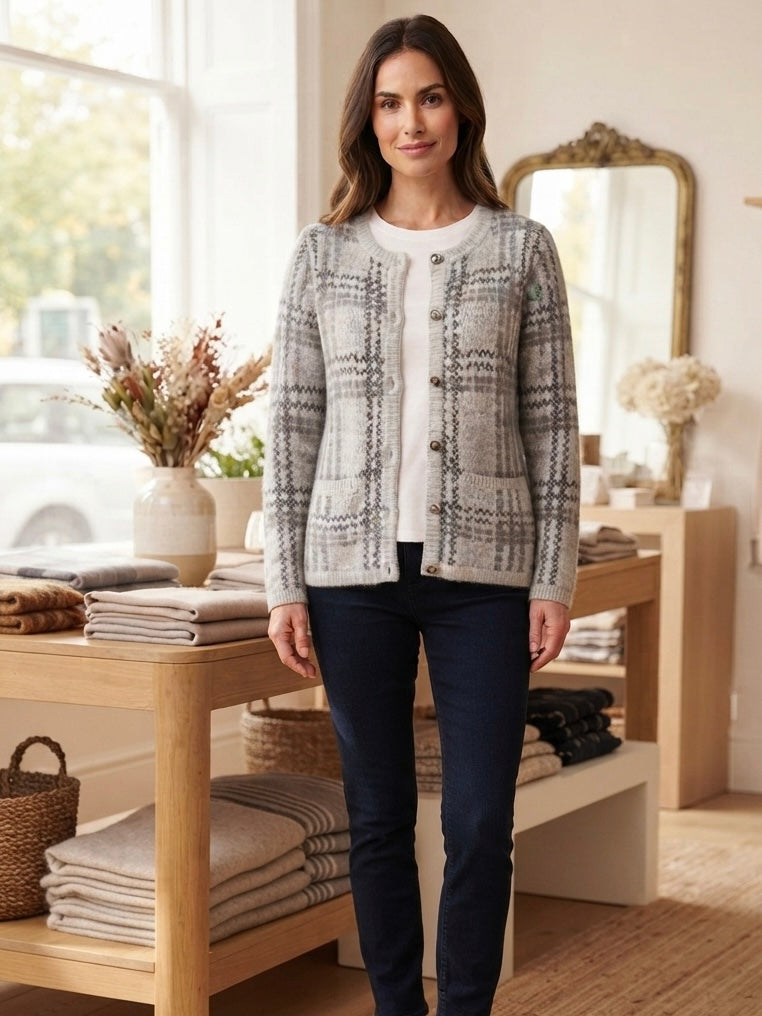 New CHRISTOPHER & BANKS Gray Plaid Knit Button-Front Cardigan Sweater Size Medium