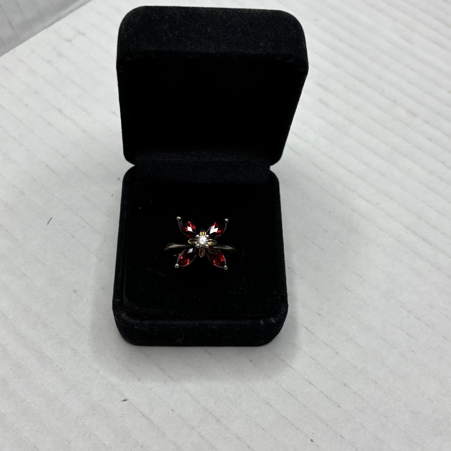ANN KING 18K Gold Sterling Silver Garnet Flower Ring Size 8