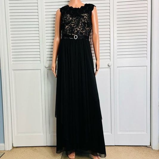 New R & M RICHARDS Sequined Lace Chiffon Black Gown Size 12