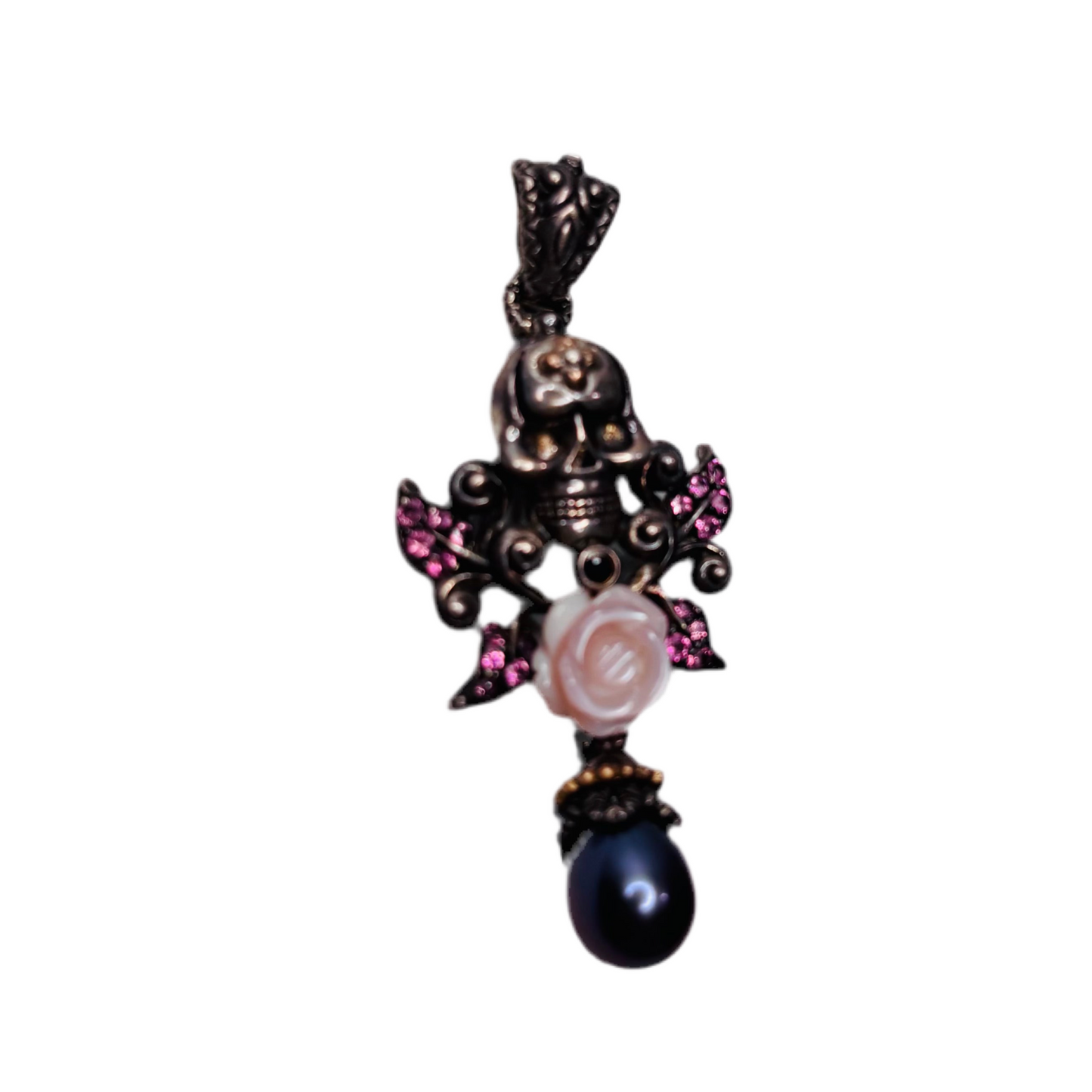 BARBARA BIXBY Skull Rose Pearl Tourmaline Sterling Silver Pendant