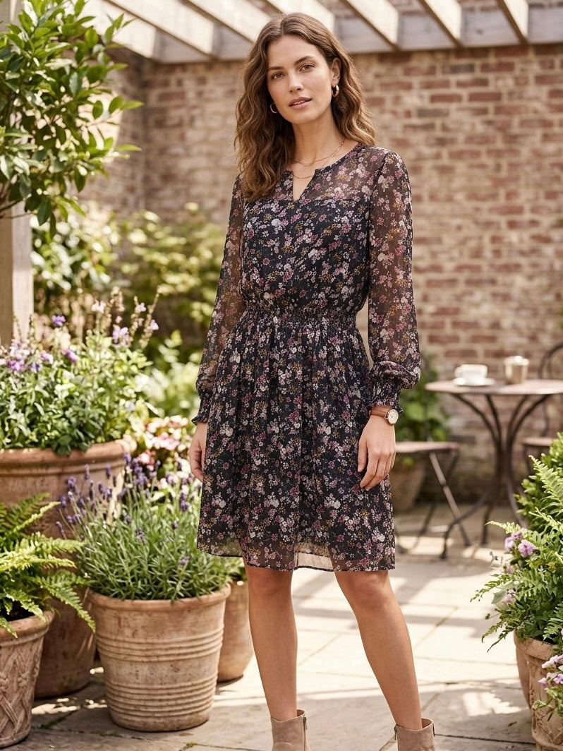 CECE Black Floral Chiffon Long Sleeve Smocked Waist Dress Size 6