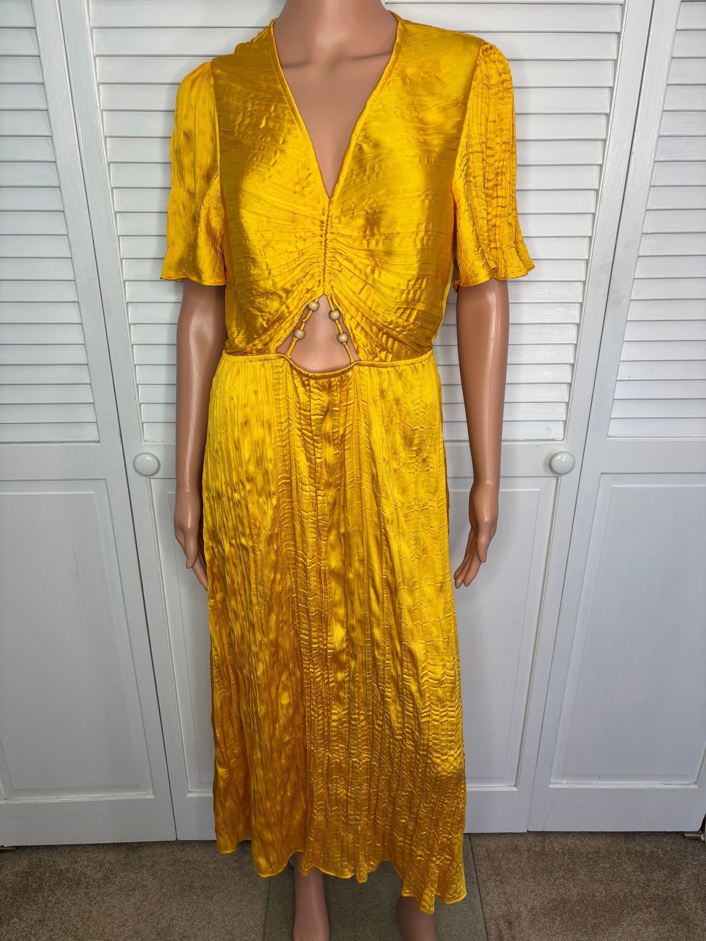 MANGO Yellow Pleated Satin Cut-Out Midi Dress Size Medium