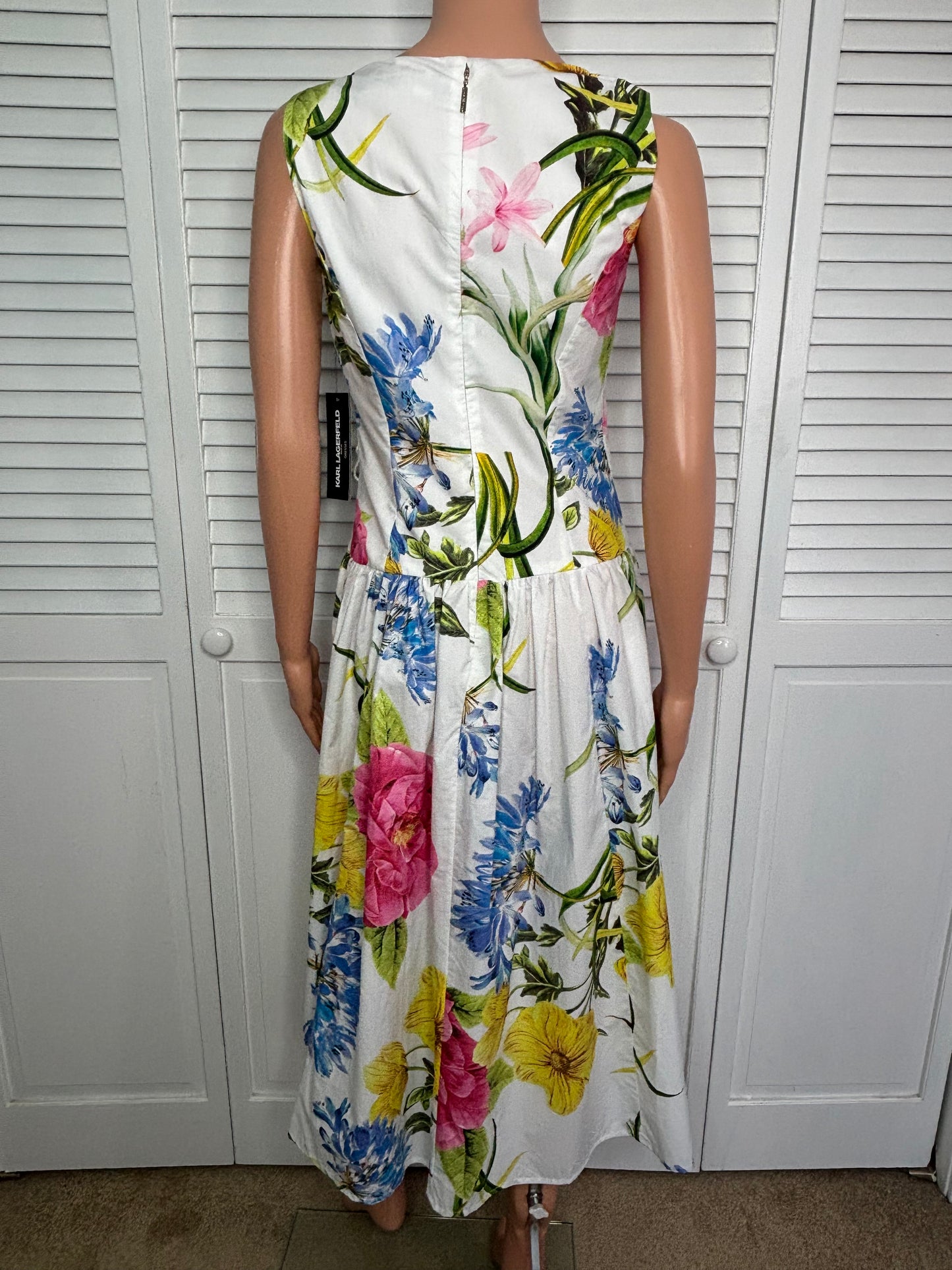 New KARL LAGERFELD Poplin Floral Print Sleeveless Drop Waist Midi Dress Size 2