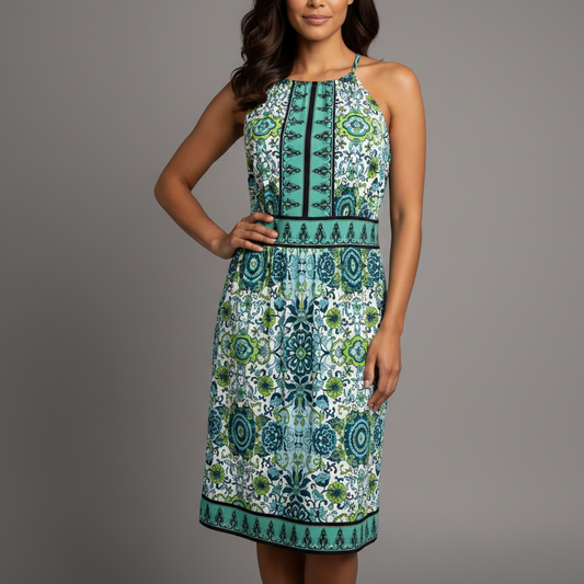 LONDON TIMES Turquoise Abstract Print Halter Dress Size 12
