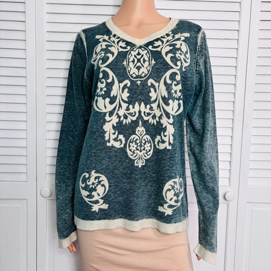 CABI Damask Burnout Acid Wash Sweater Size XL