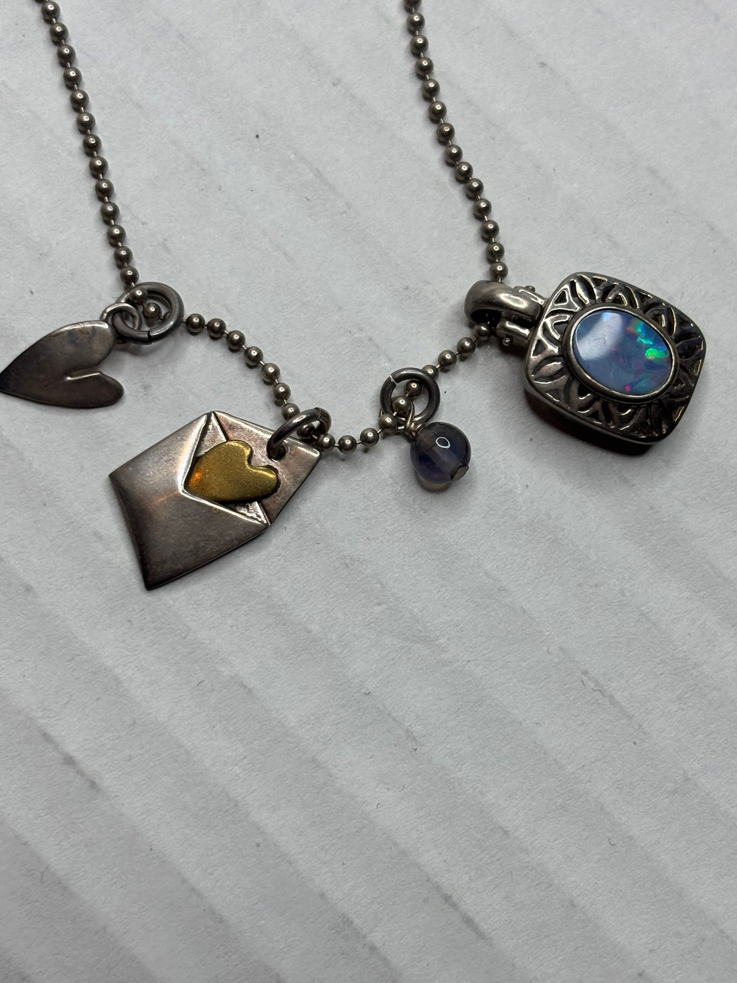 FOSSIL Sterling Silver Opal Love Letter Charm Necklace