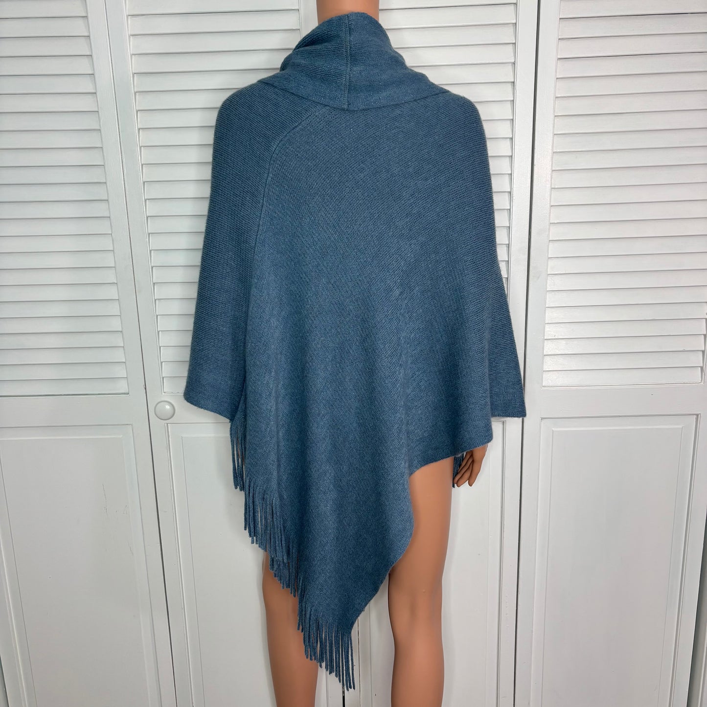 CHICO’S Blue Metallic Cowl Neck Fringe Poncho
