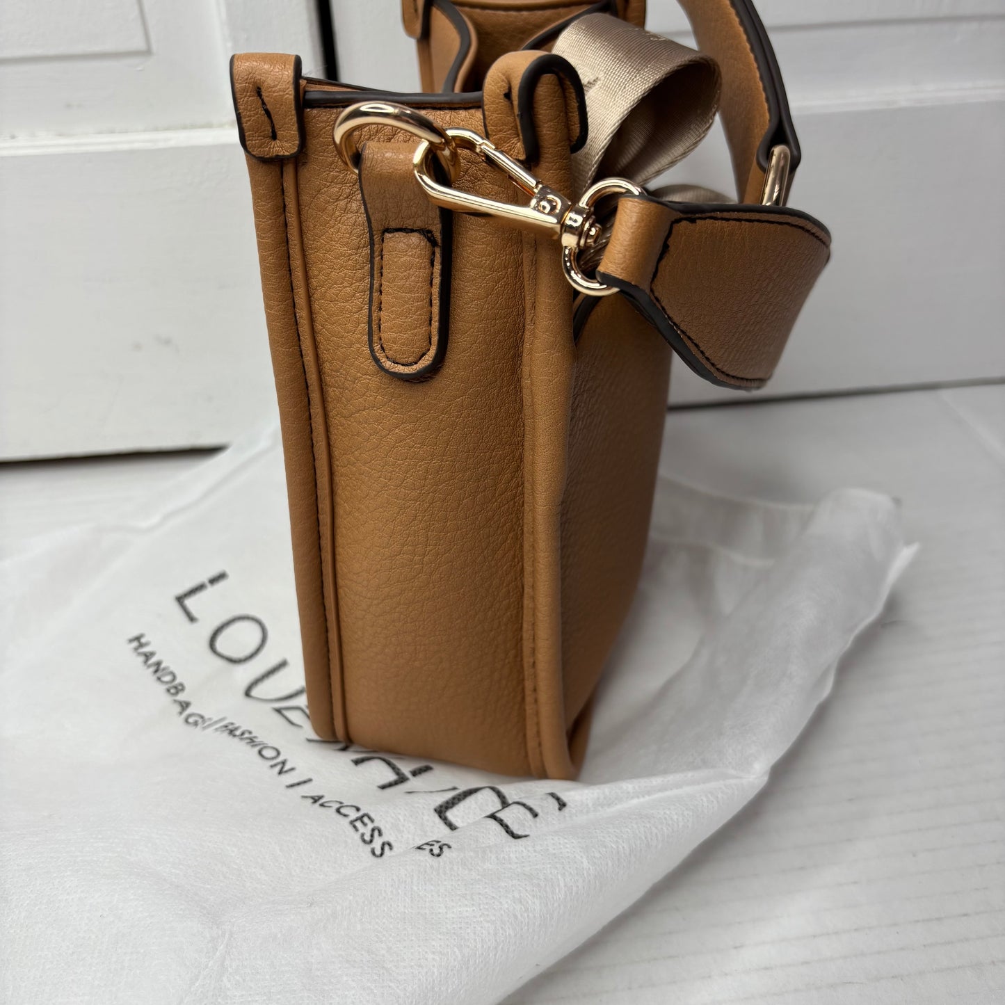LOUENHIDE Tan Vegan Leather Crossbody Bag with Dual Straps