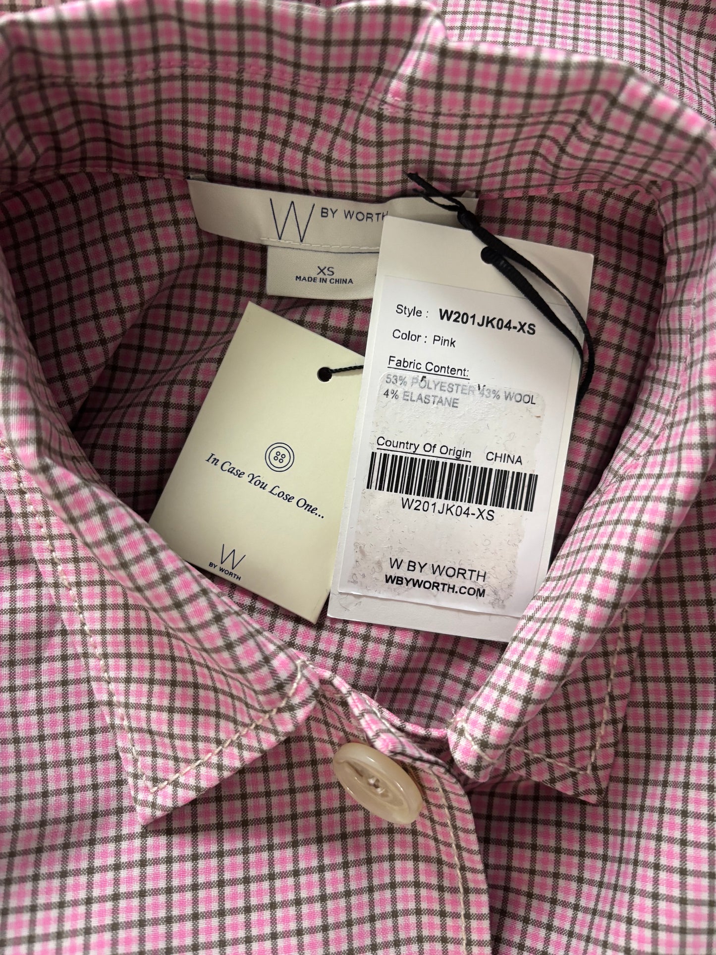 New W BY WORTH Pink Plaid Tailored Lightweight Wool Blazer Size XS