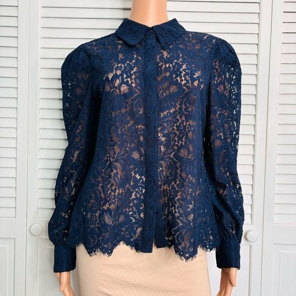 L'AGENCE Jenica Lace Long-Puffed Sleeve Navy Blue Blouse Size Medium