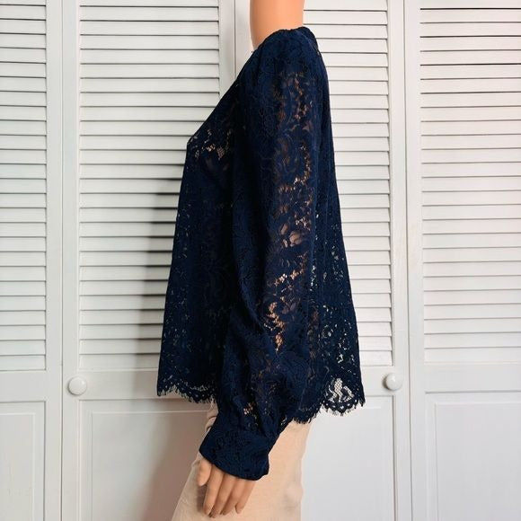 L'AGENCE Jenica Lace Long-Puffed Sleeve Navy Blue Blouse Size Medium