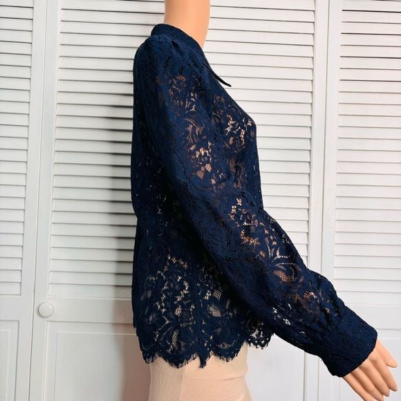 L'AGENCE Jenica Lace Long-Puffed Sleeve Navy Blue Blouse Size Medium