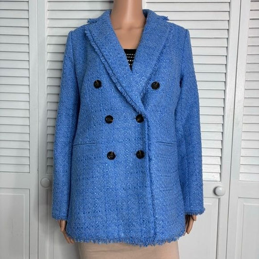 *NEW* ANN TAYLOR Lapis Bluebird Fringe Tweed Double Breasted Blazer Size 6