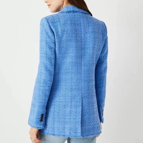 *NEW* ANN TAYLOR Lapis Bluebird Fringe Tweed Double Breasted Blazer Size 6