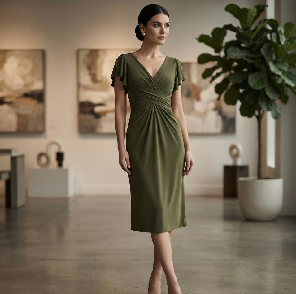 NEW Ieena for MAC DUGGAL Olive Green Flounce Sleeve Midi Dress Size 2