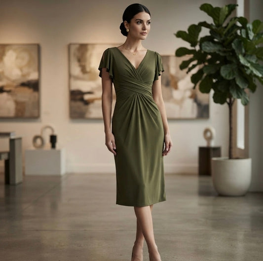 NEW Ieena for MAC DUGGAL Olive Green Flounce Sleeve Midi Dress Size 2