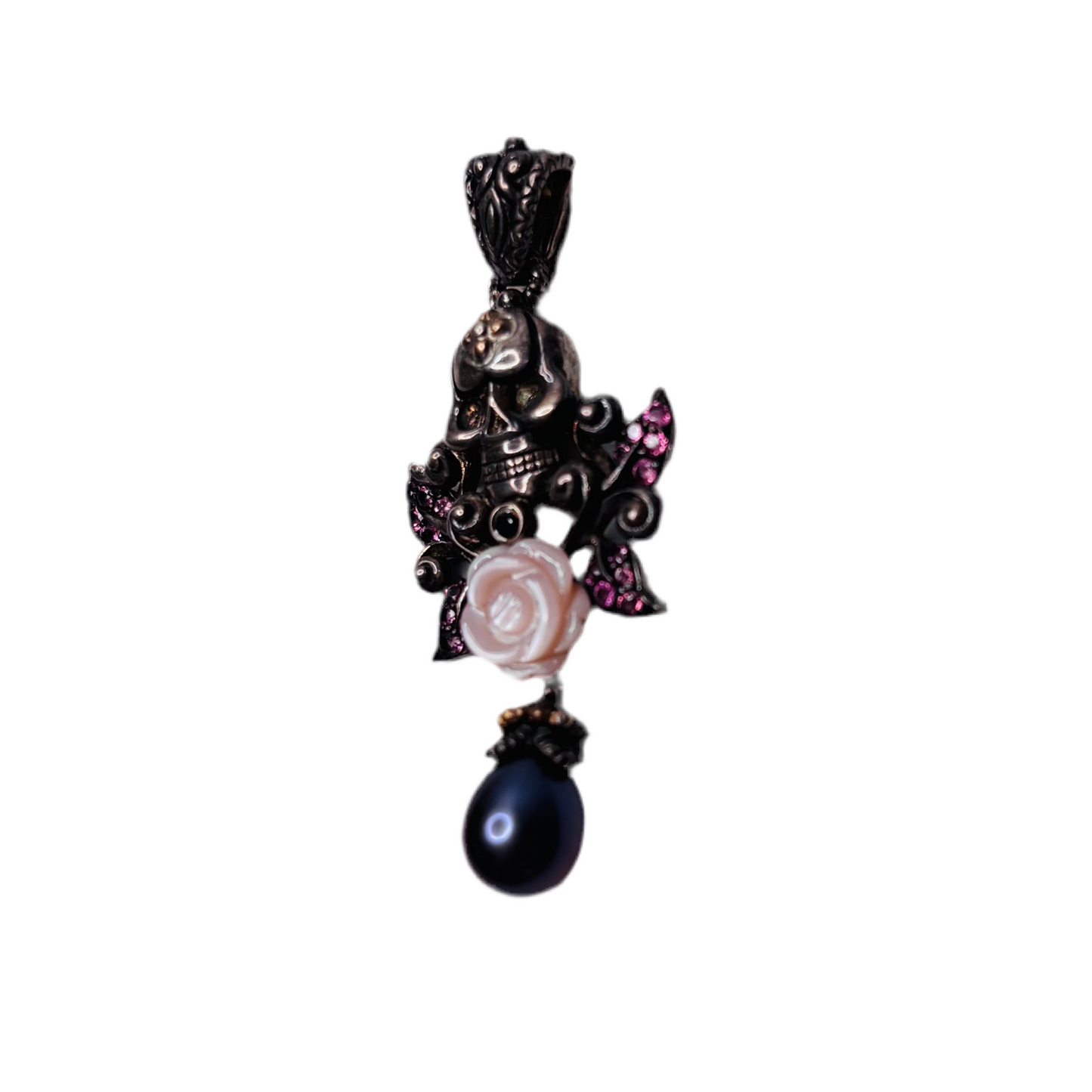 BARBARA BIXBY Skull Rose Pearl Tourmaline Sterling Silver Pendant