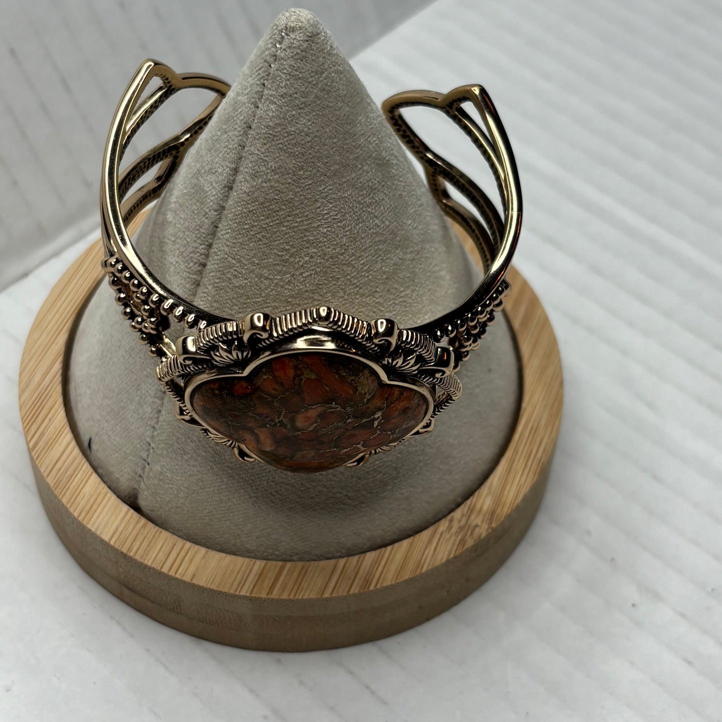 STUDIO BARSE Rare Brecciated Jasper Large Ornate Brass Cuff Bracelet