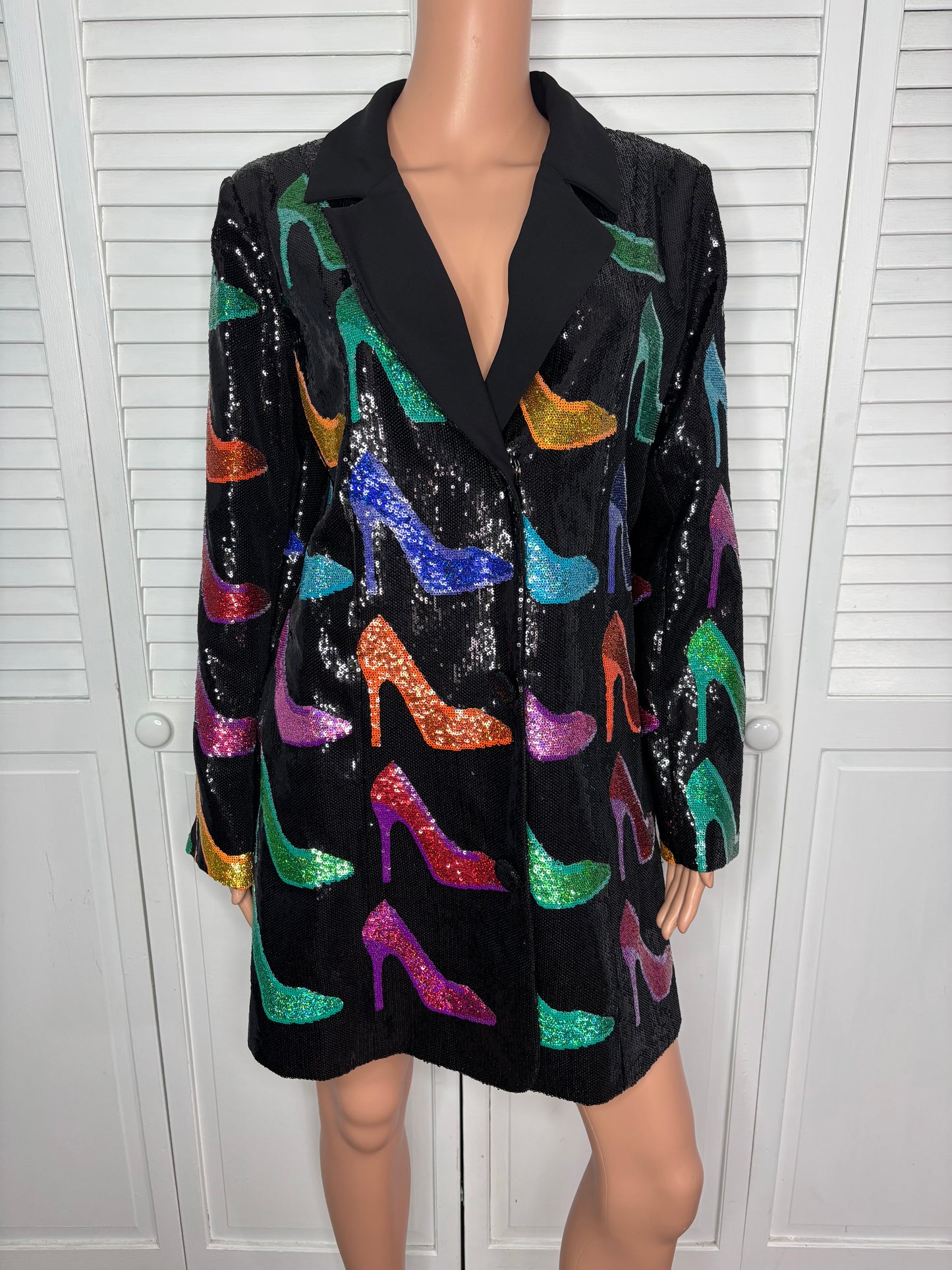 New QUEEN OF SPARKLES Black Sequined Stiletto Blazer Dress Size Medium