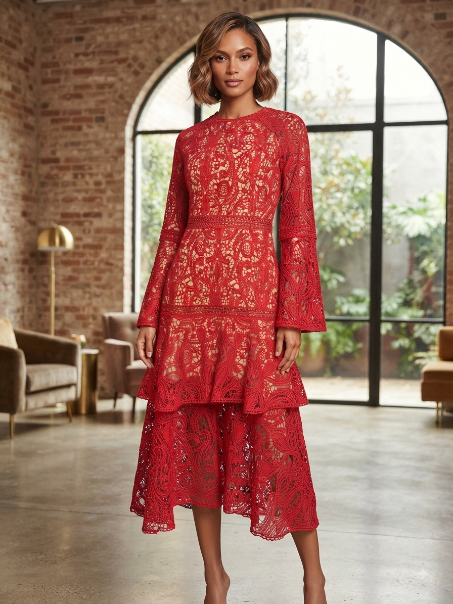 New FOREVER UNIQUE "Millie" Red Lace Tiered Midi Dress Size 6