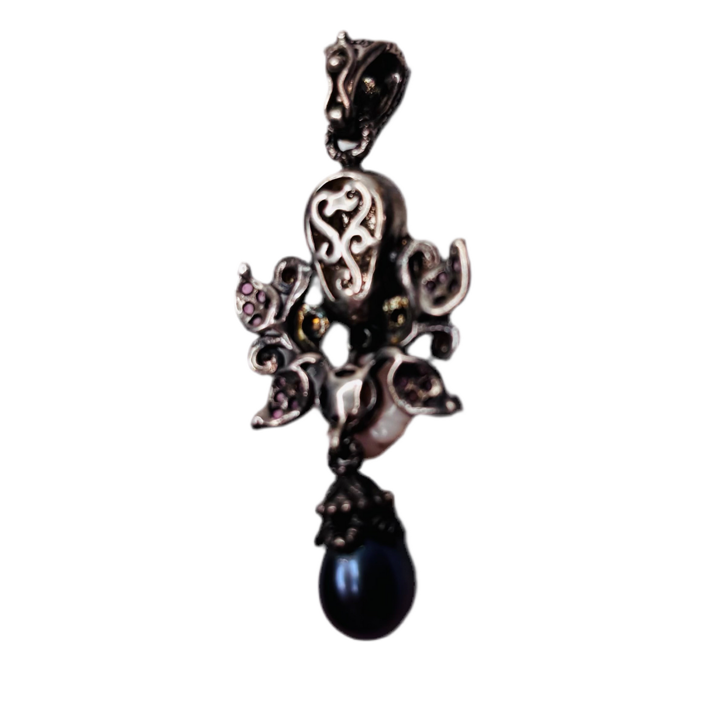 BARBARA BIXBY Skull Rose Pearl Tourmaline Sterling Silver Pendant