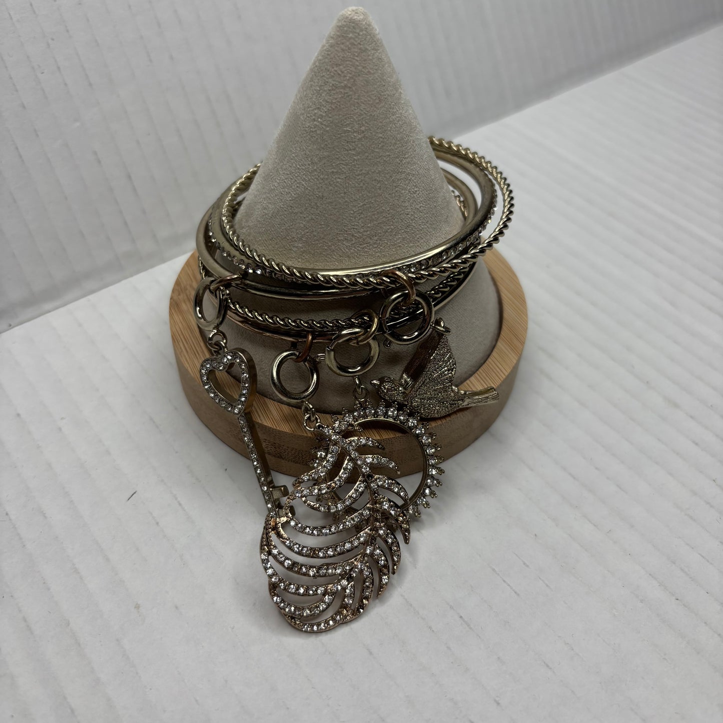 Set of 5 Gold Tone Stackable Bangles with Rhinestone Charms