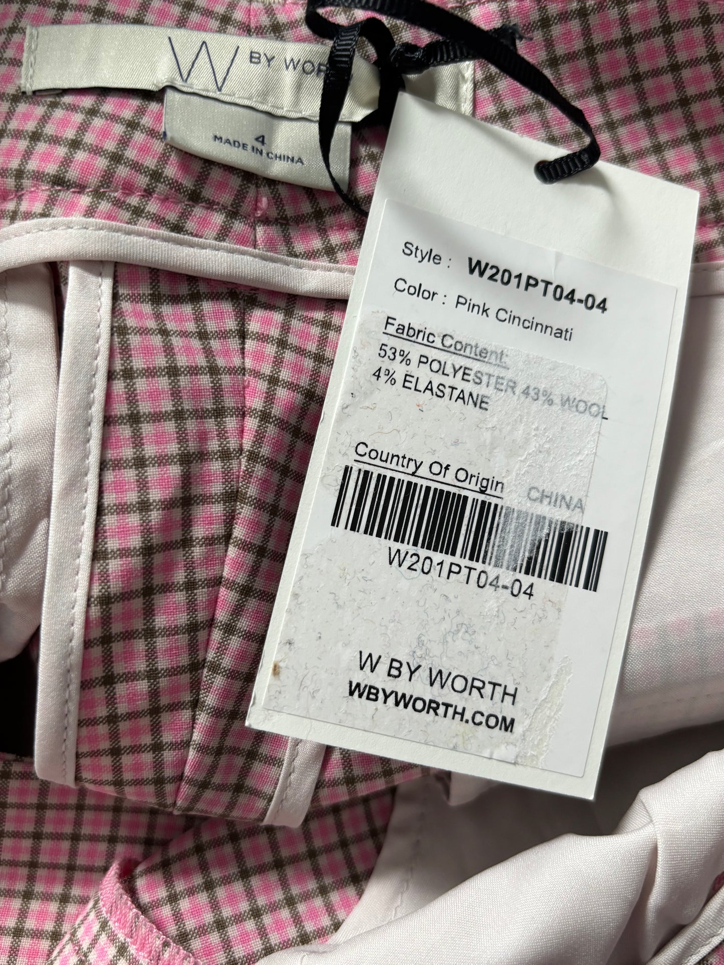 New W BY WORTH Pink Plaid Tailored Straight-Leg Trousers Size 4