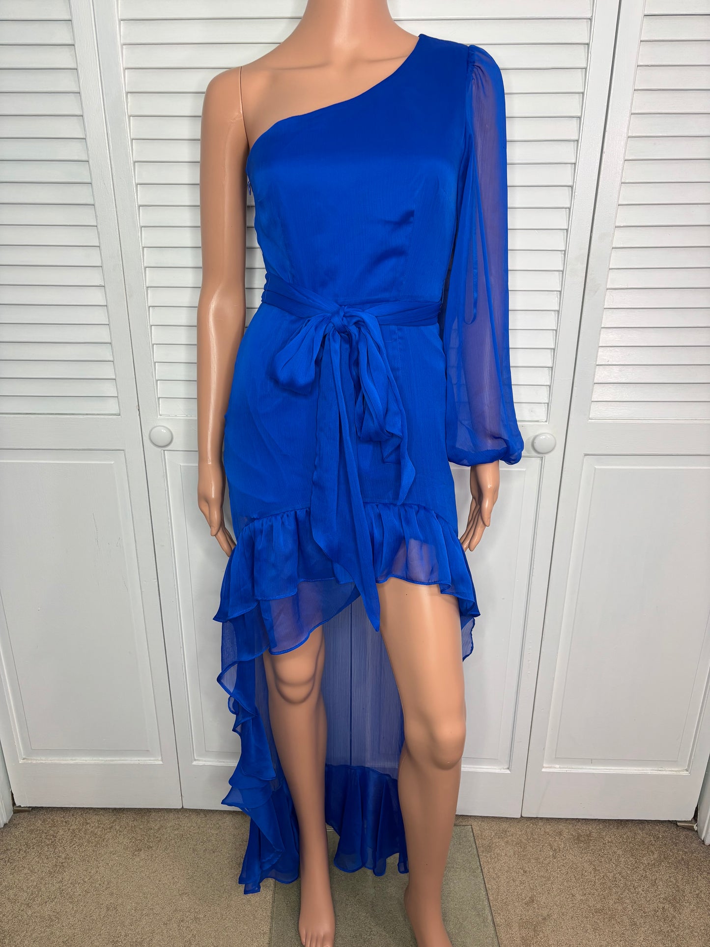 New GIANNI BINI Royal Blue Hollis Asymmetrical One-Shoulder Ruffle Maxi Dress Size 0