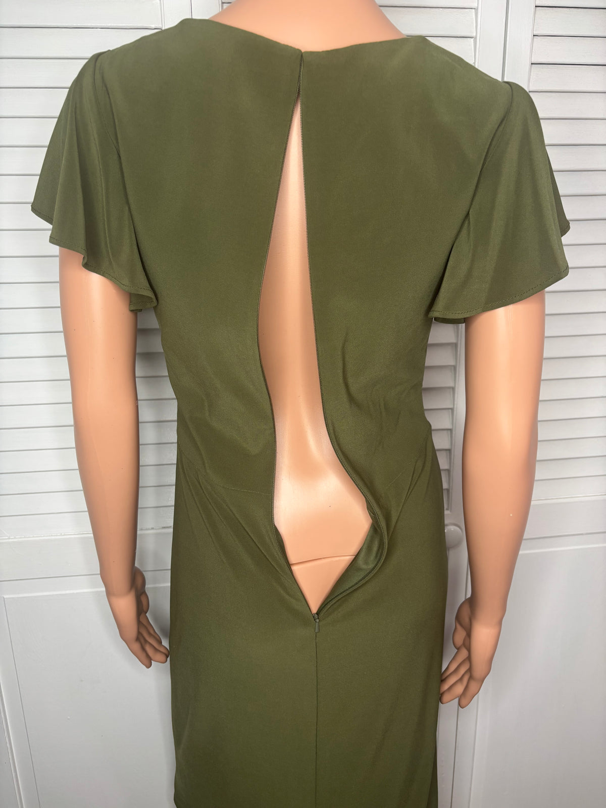 NEW Ieena for MAC DUGGAL Olive Green Flounce Sleeve Midi Dress Size 2